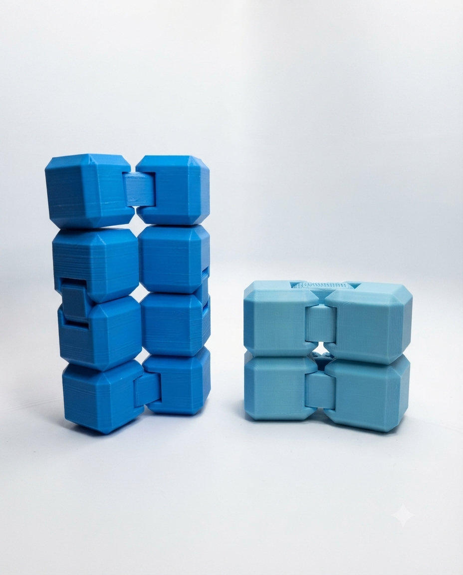 Cubo Infinito Antiestresse articulado nas cores azul e azul-claro.